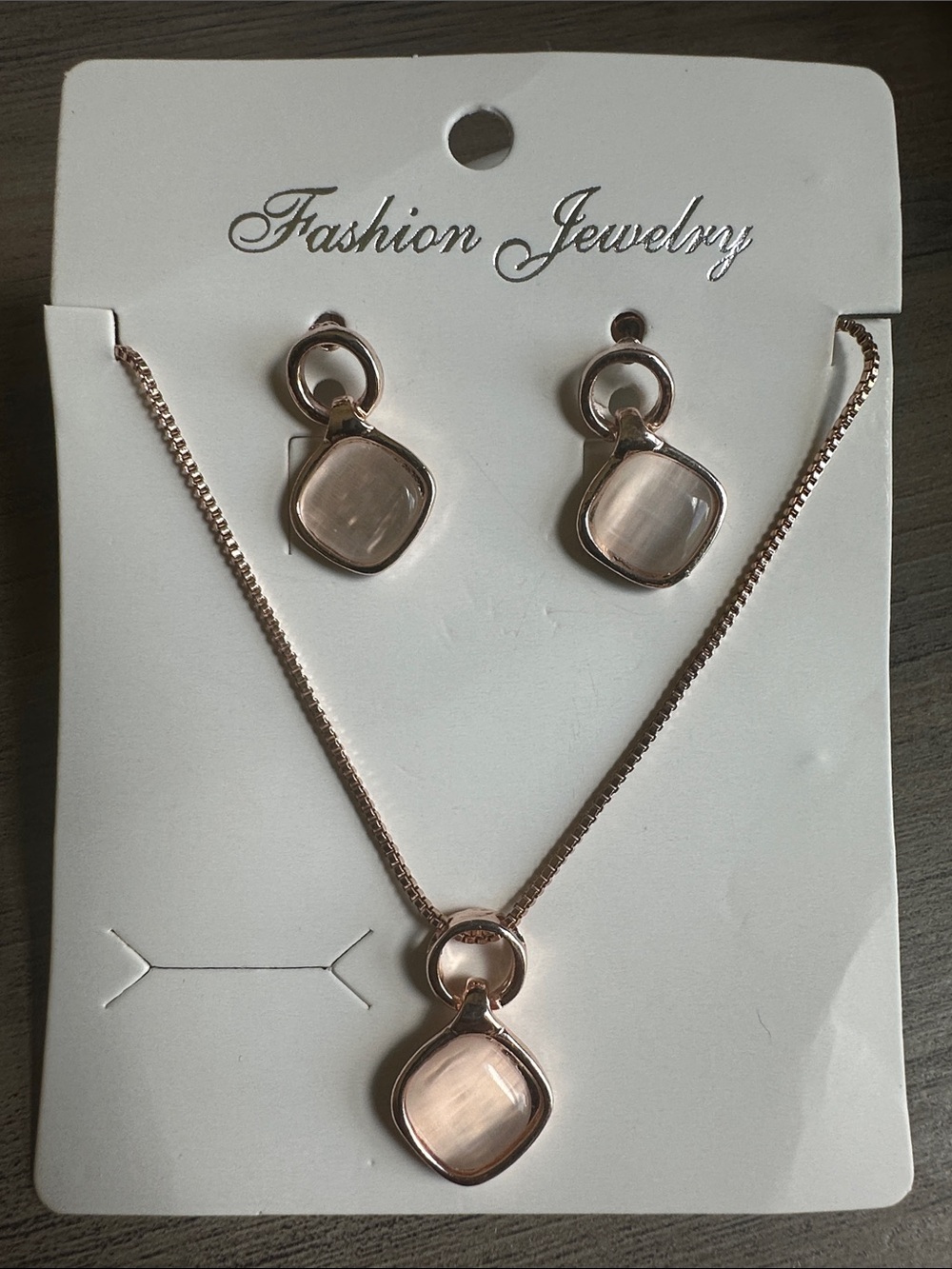 Fashion Jewelry Rose Gold Necklace and Blush Pink Pendant Earring Set